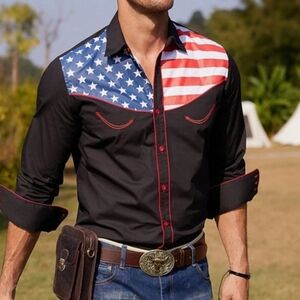 Men's Black American Flag Western Shirt
